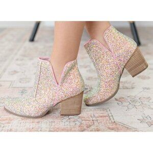 Not Rated Womens Glitter Multicolor Ankle Booties With Chunky Heel & Rubber Sole